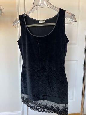 Arlotta Black stretch Velvet Tank Top with Lace Hem. Size S